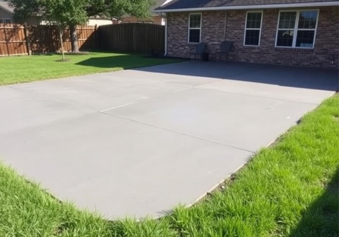 Concrete patio in a backyard with green grass and a brick house in the background.