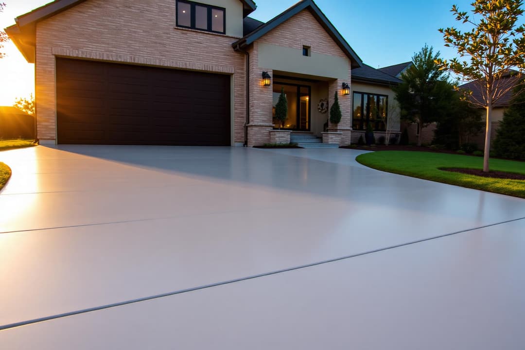 Modern home exterior with a sleek driveway and landscaped yard at sunset.