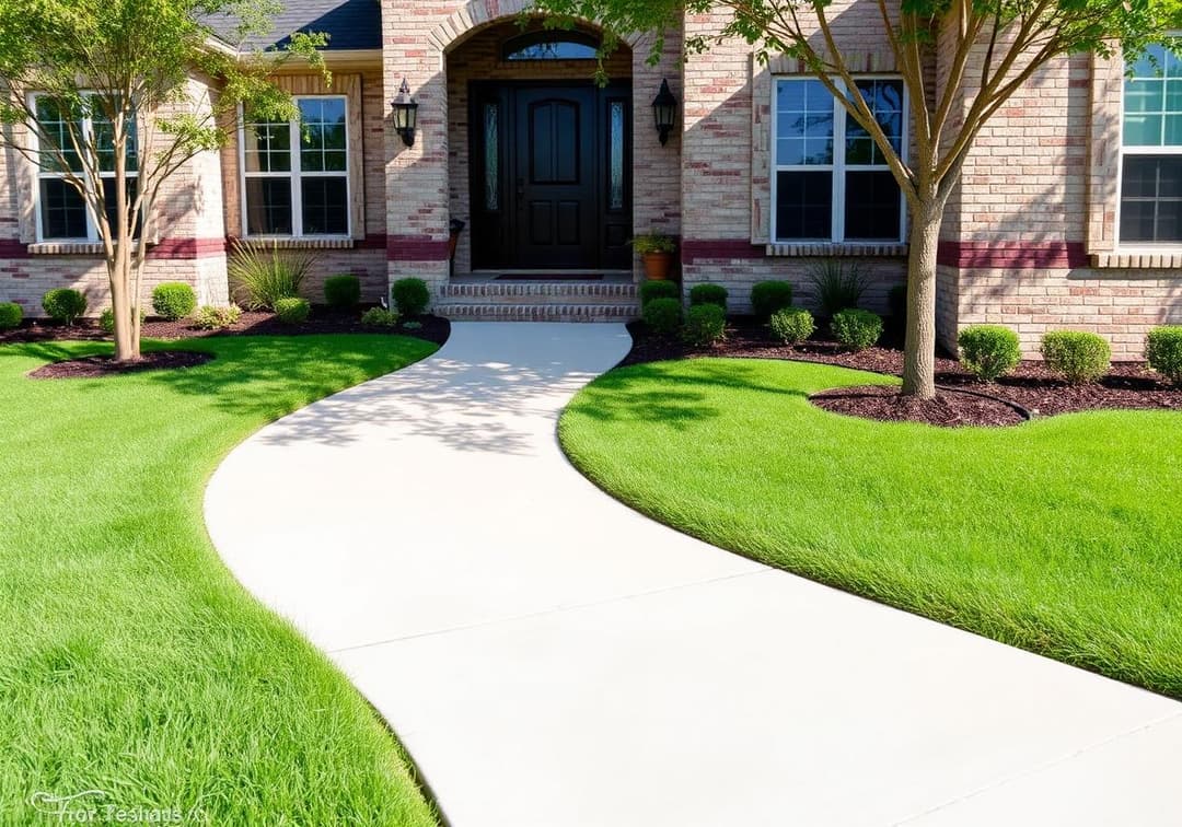 Well-manicured lawn leading to a brick house with a curved concrete walkway and landscaped plants.